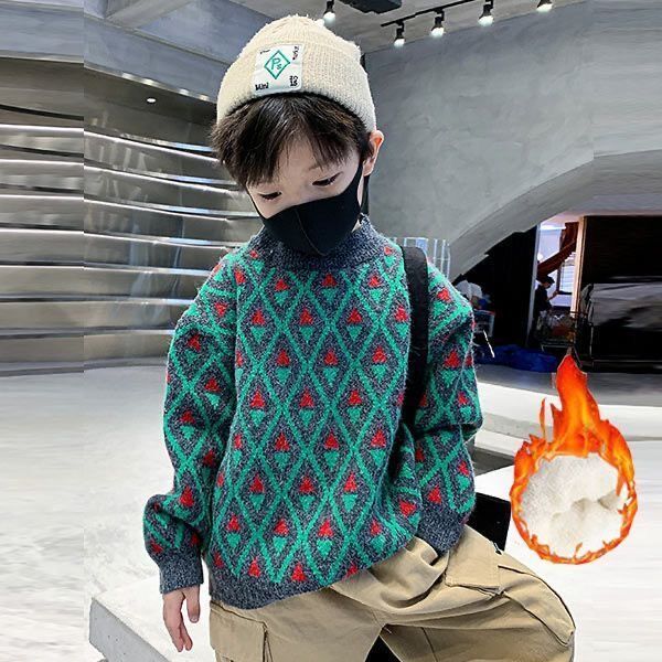 男童毛衣秋冬款加绒加厚2023新款中大儿童套头针织衫男孩冬季洋气