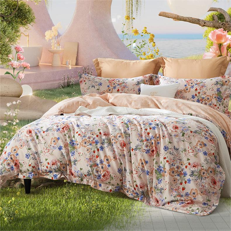 富安娜柔软全棉印花磨毛四件套加厚小清新纯棉花卉秋冬主卧用品