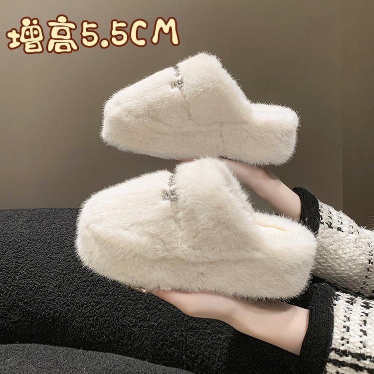 包头半拖鞋女外穿2023秋冬新款网红超火厚底高级感百搭亮钻毛毛拖