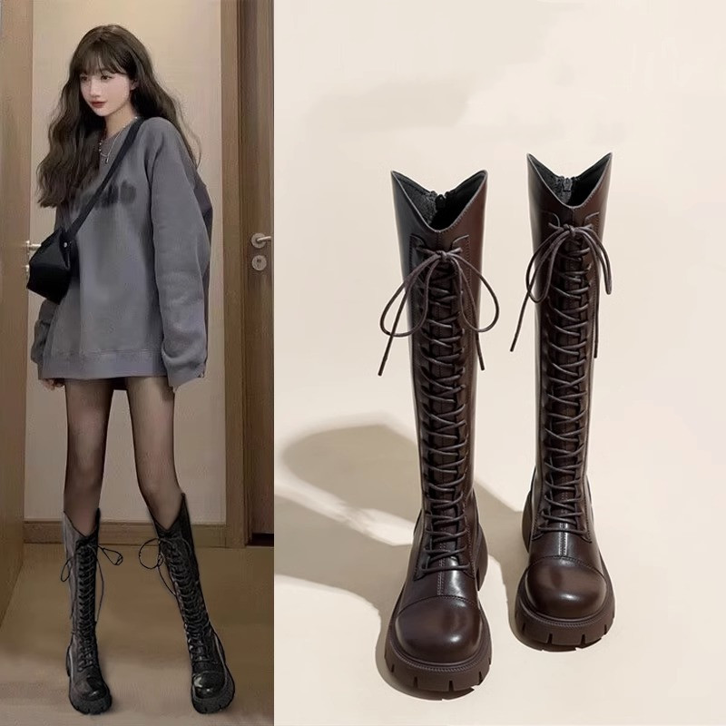 长筒靴女2023年新款秋季马丁不过膝长靴高筒胖mm粗腿骑士靴小个子