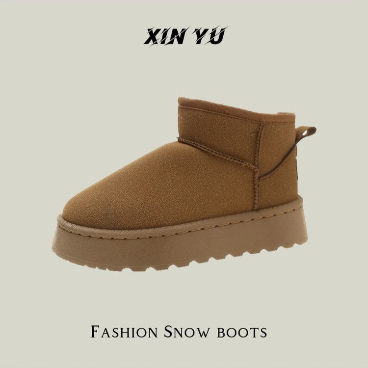 厚底防滑ugg毛鞋加厚加绒皮毛一体短筒保暖冬季雪地靴女秋冬时尚