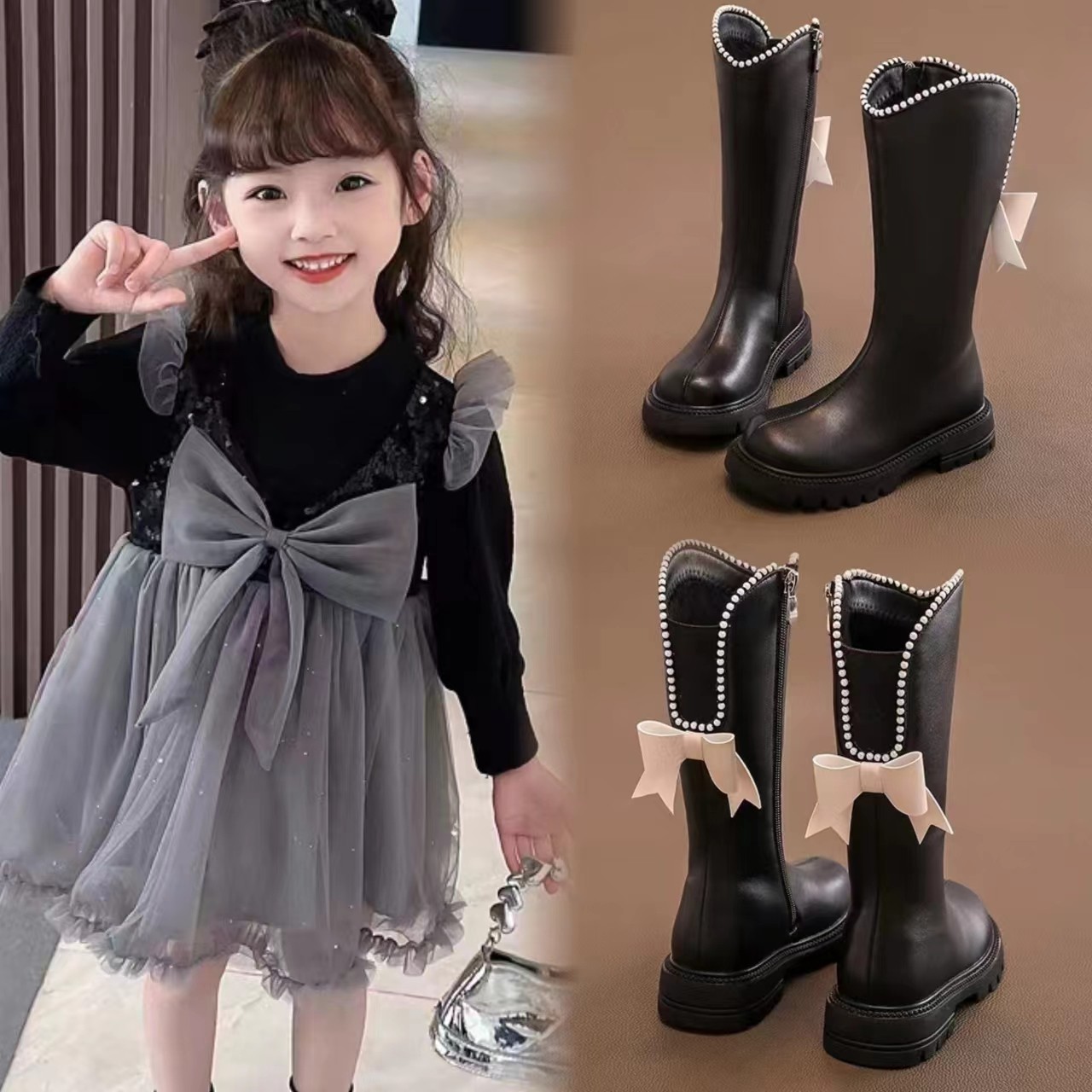 小女孩公主高筒靴2025新款秋冬季蝴蝶结黑色中大童加绒长靴M79
