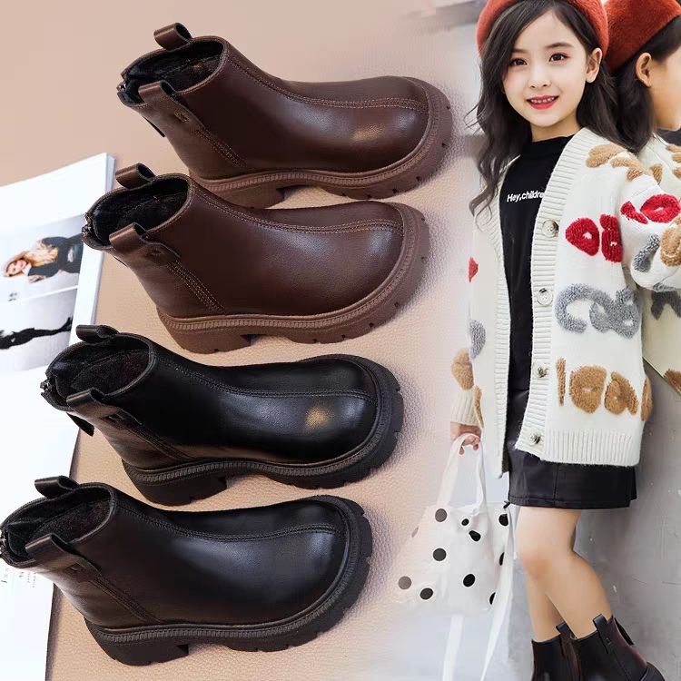 女童宝宝英伦风童靴秋季女孩单靴软底时装靴短靴平底低筒M29加绒