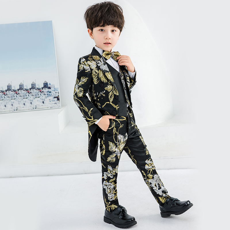 Romon/罗蒙儿童黑色印花休闲燕尾服三件套宴会演出男童春秋帅气