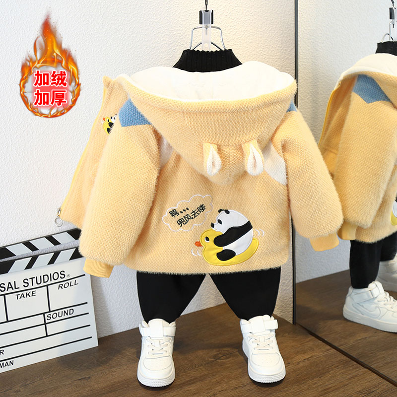 宝宝连帽上衣2023秋冬装新款棉袄外套男女童加绒加厚水貂绒棉服潮