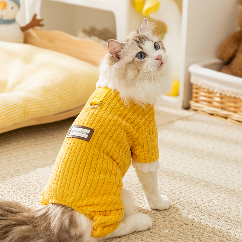 秋冬新款宠物猫咪简约布标牵引四脚绒衣小型幼犬比熊布偶衣服0350