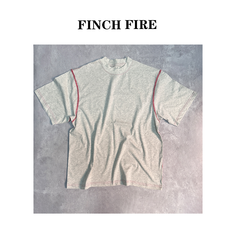 FINCHFIRE短袖灰色休闲纯色T恤重磅短款小领口反车撞色工艺T恤