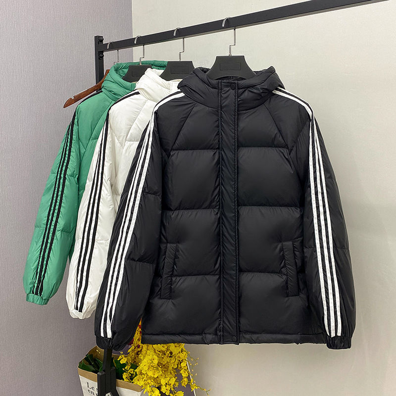 AERL艾莱依羽服绒2024新款女短款连帽加厚宽松时尚三道杠外套潮