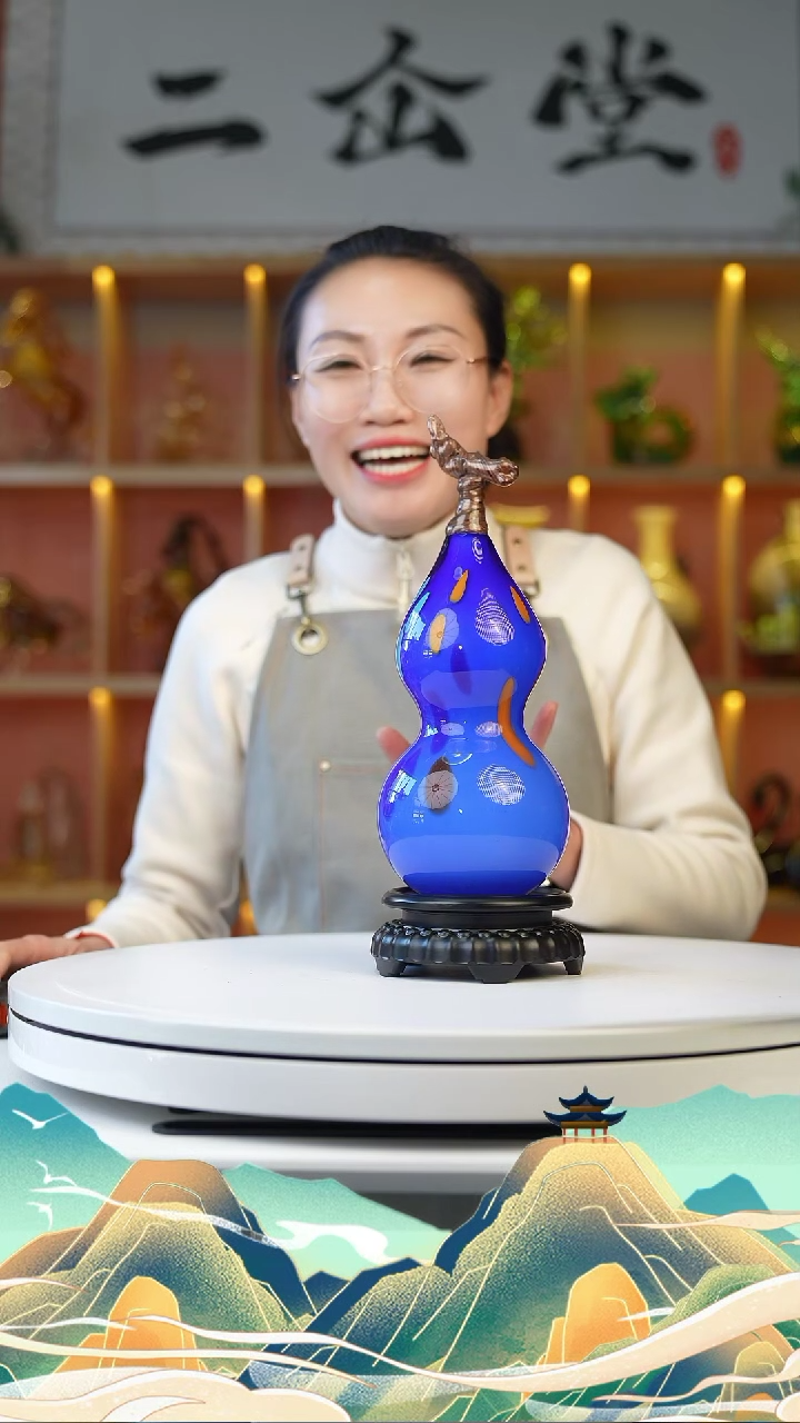 【闪购商品】琉璃手工艺品蓝色龙头葫芦+底座