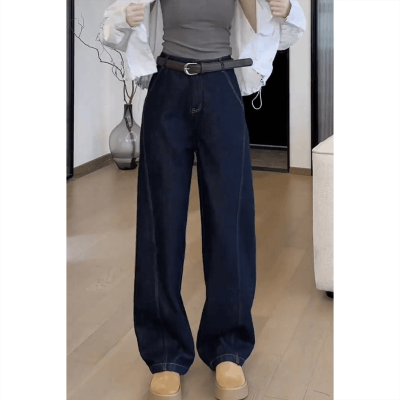 深蓝高腰显瘦弯刀牛仔裤女2025秋季新款宽松阔腿拖地裤【交个朋友】