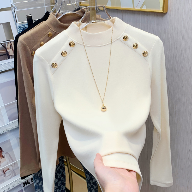 甄奢高级感别致修身打底衫女23秋冬中领内搭长袖T恤法式立领上衣
