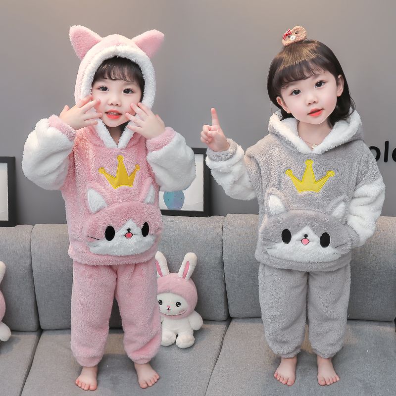 巴拉儿童法兰绒睡衣套装冬季加厚女童网红长款家居服女宝宝卡通两