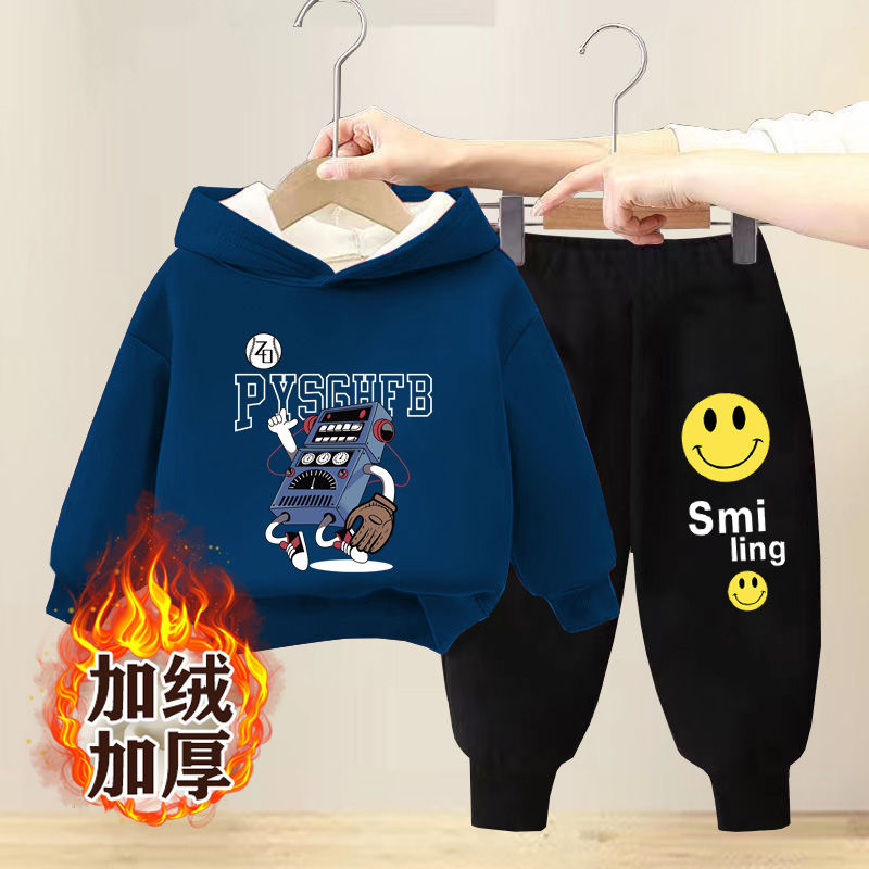 巴拉男童加绒套装冬款卫衣卫裤两件套新款儿童长袖上衣带帽子运动