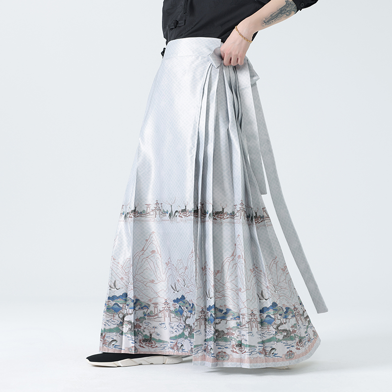 新中式男装休闲马面裙裤男春秋季中国风阔腿印花改良改良汉服国风