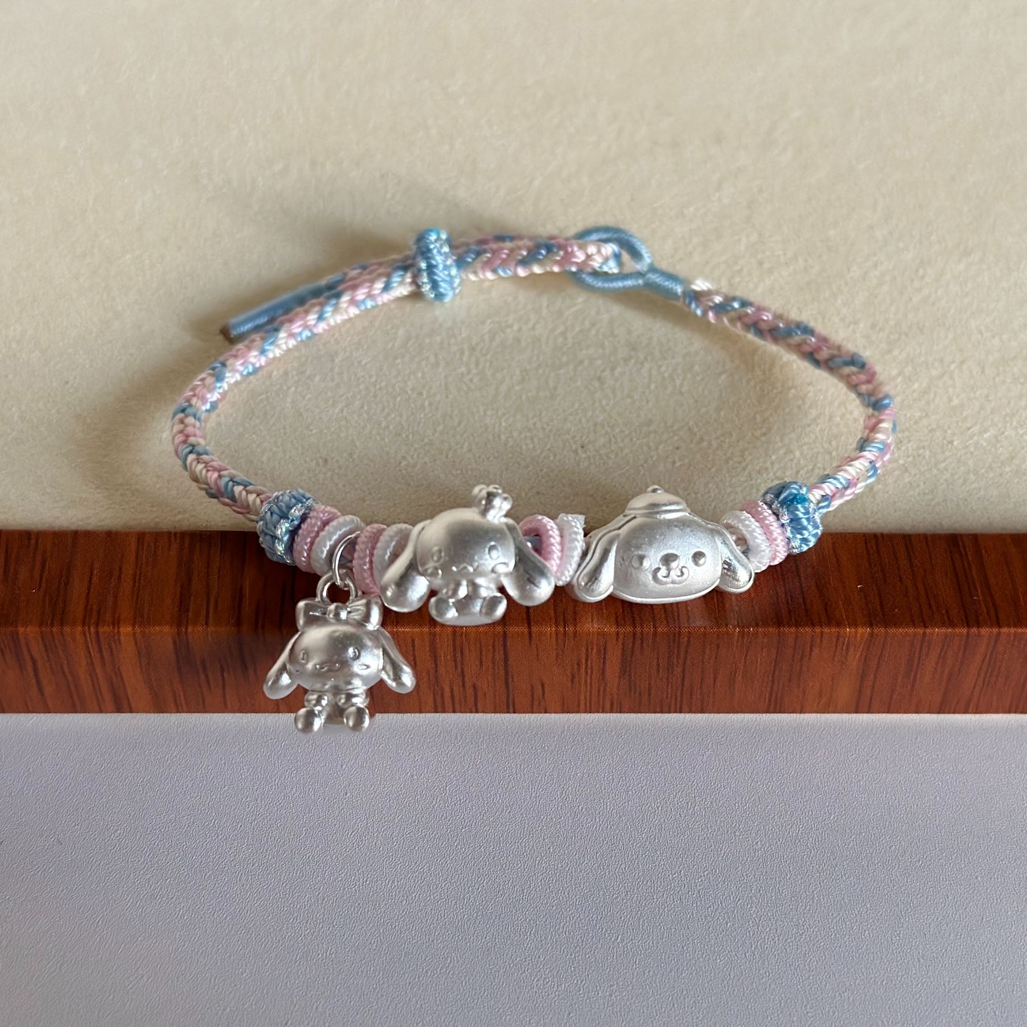 足银布艺手链 足银999玉桂狗布丁狗纯银编绳手链送女朋友闺蜜礼物