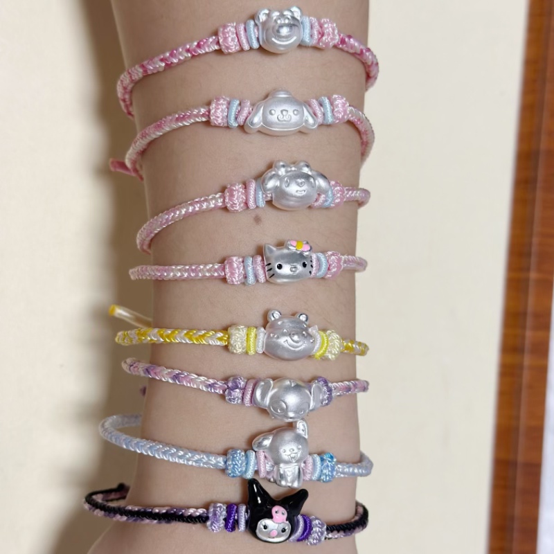 足银布艺手链 足银999凯蒂猫库洛米美乐蒂手工编绳手链生日礼物