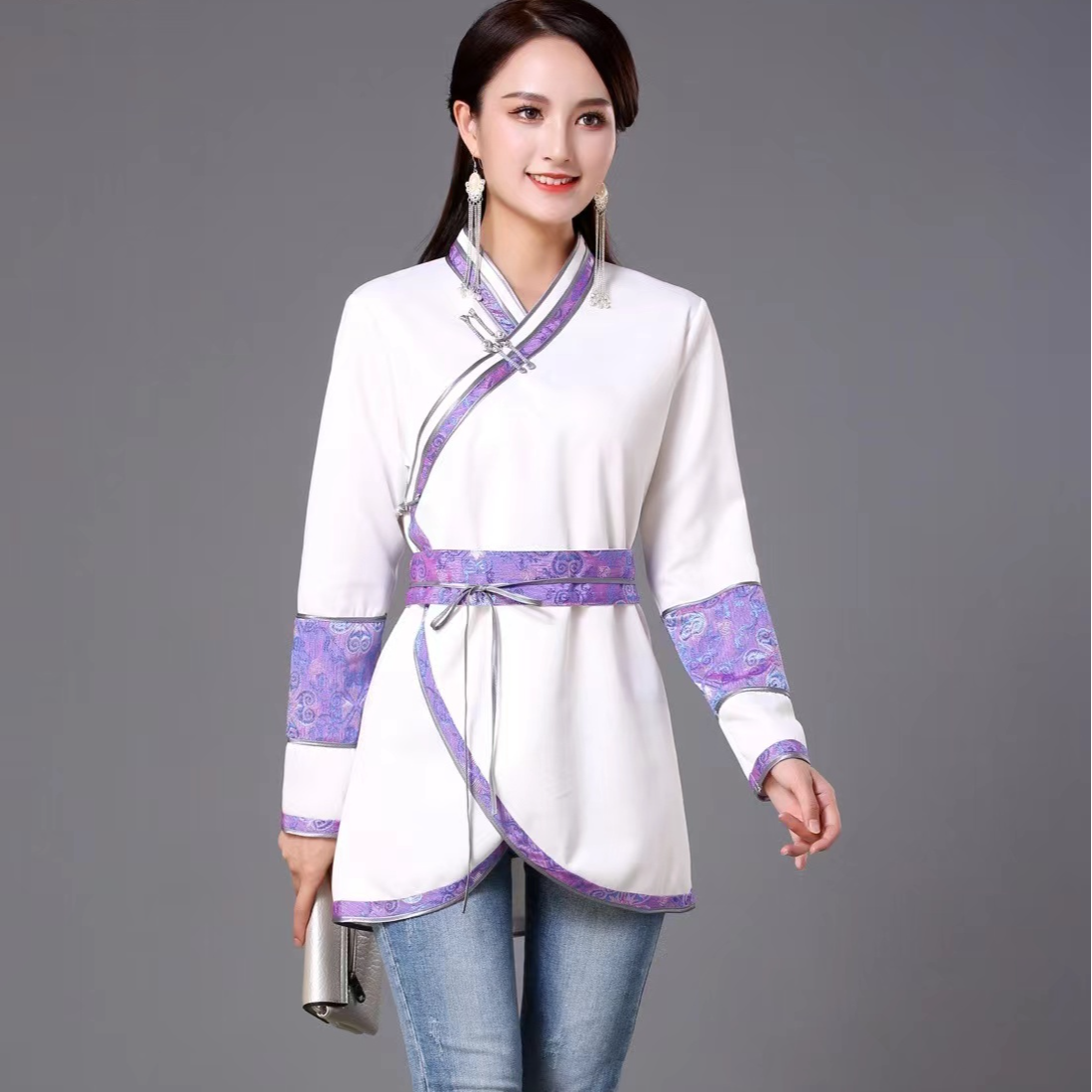 民族风蒙古元素V领上衣长袖女士复古传统中国风日常藏式春秋冬款1