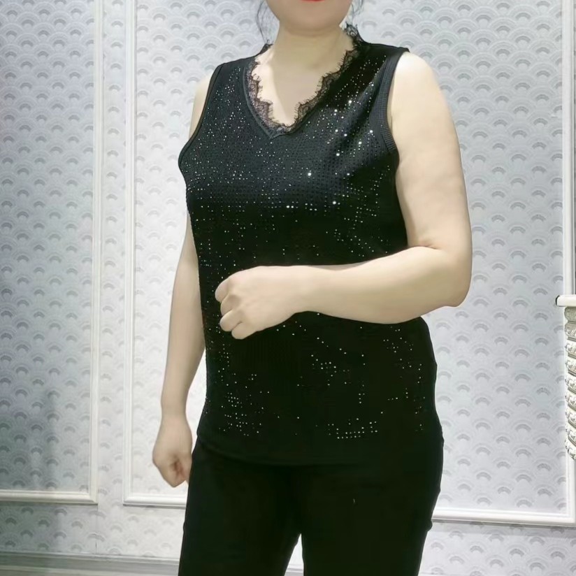 女士蕾丝黑色无袖时尚百搭背心修身重工女款网红潮流宽松春夏款