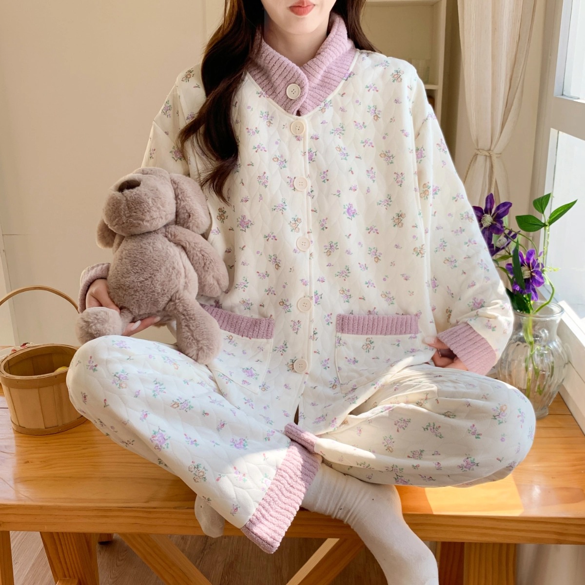 【10-4月】秋冬带胸垫A类抗菌空气棉夹层孕妇女哺乳喂奶月子服套装