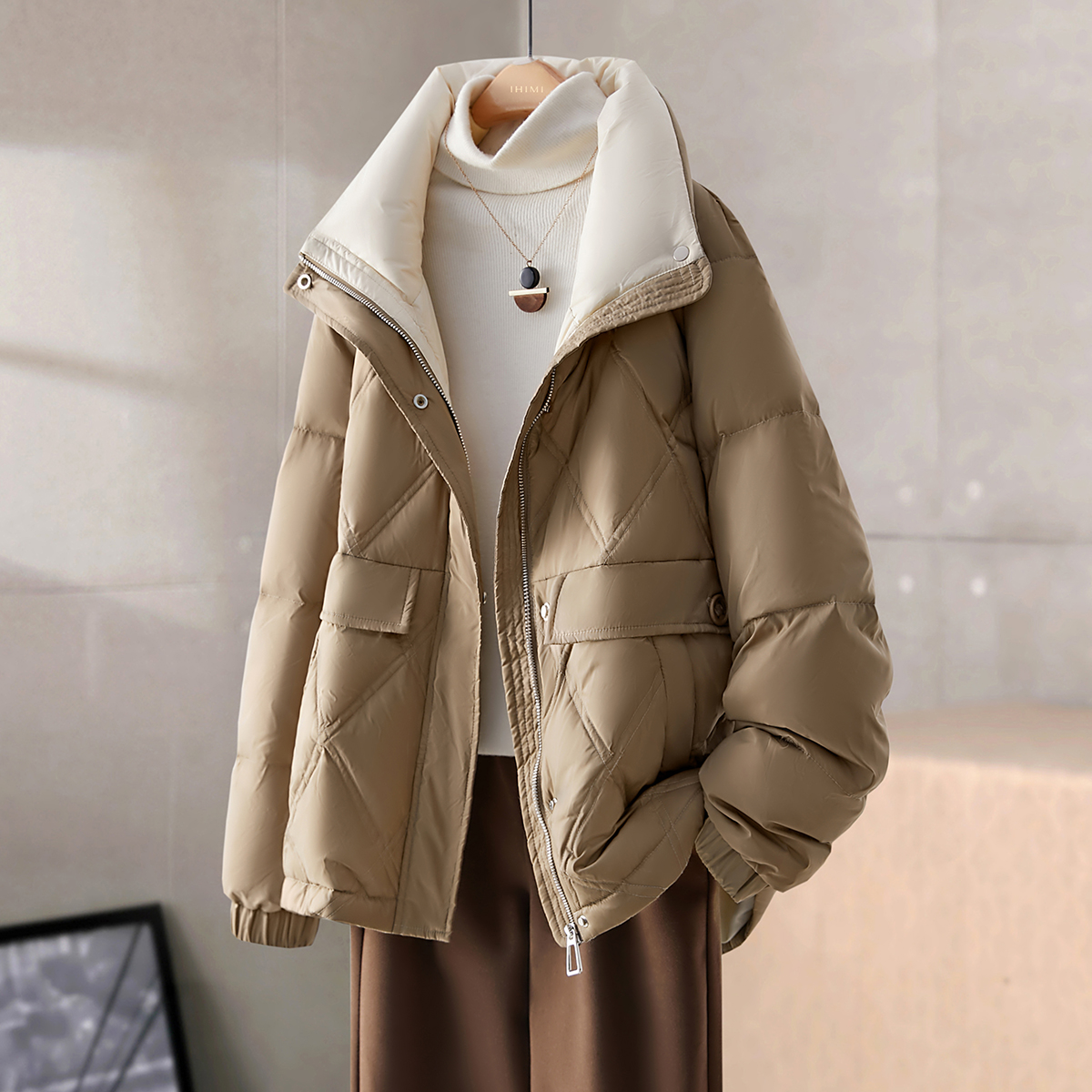 IHIMI/海谧拼色短款羽绒服2024冬季菱格纹抽绳收腰立领保暖羽绒服