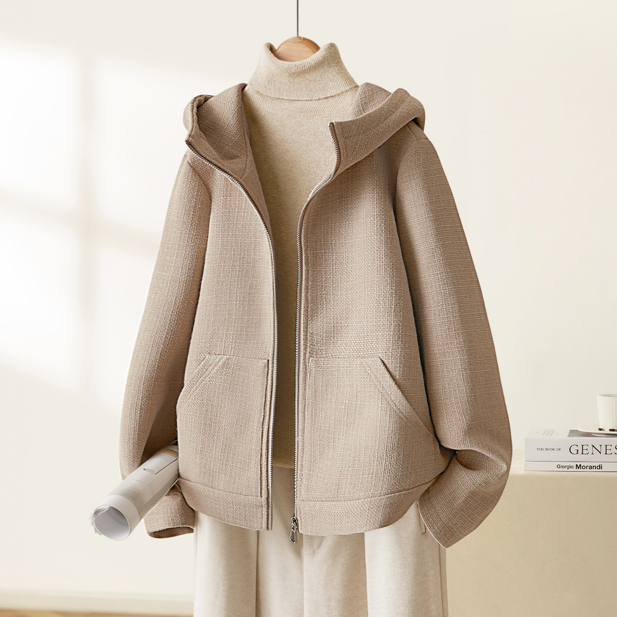 IHIMI/海谧外套2025春季新款肌理呢料小香连帽外套百搭保暖厚外套