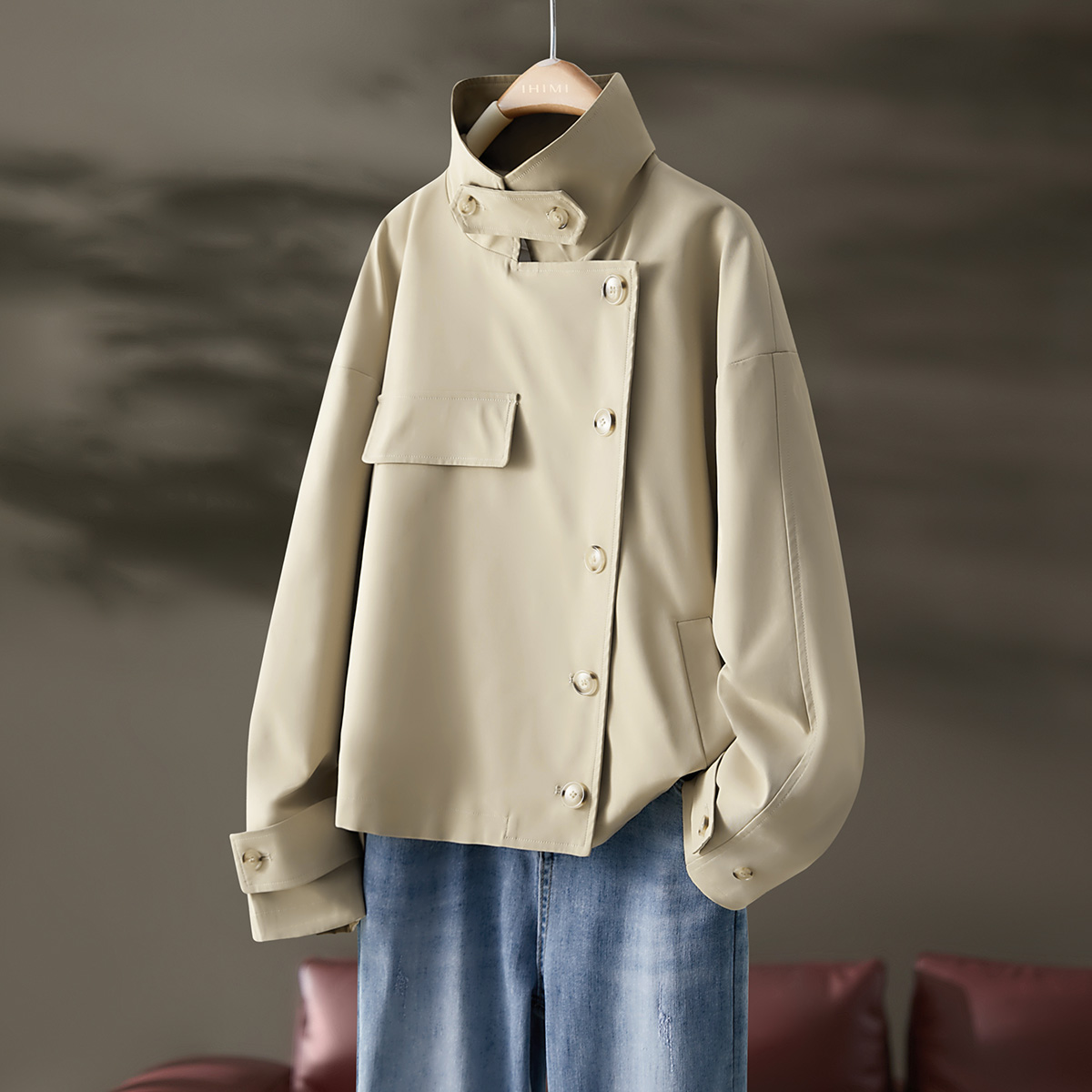 IHIMI/海谧拼接短款风衣外套2025春季翻领不规则设计简约休闲外套