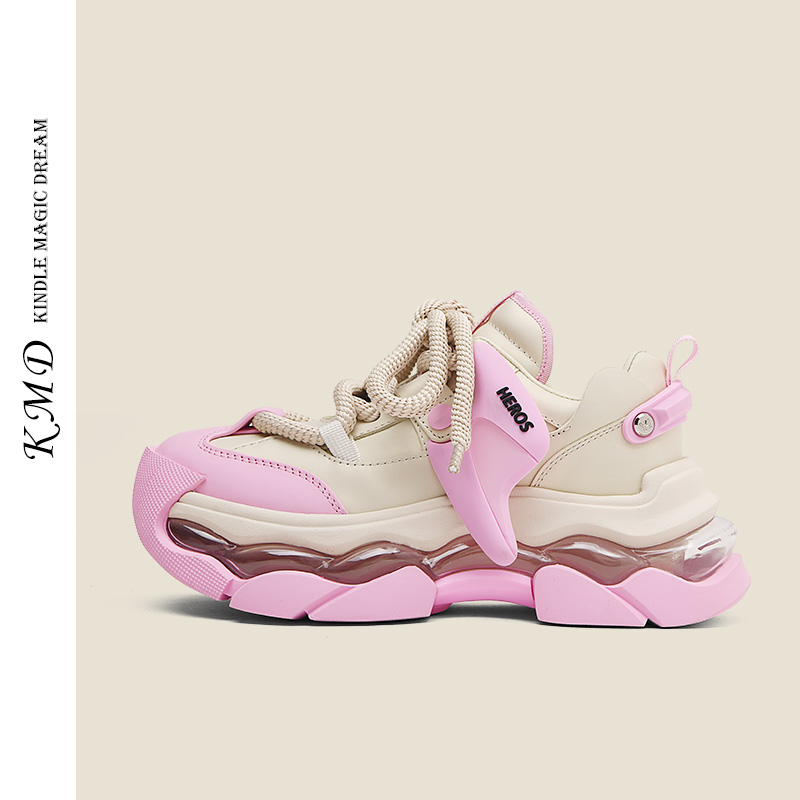 KMDSHOES2024新款气垫运动休闲鞋时尚百搭厚底老爹鞋真皮增高鞋