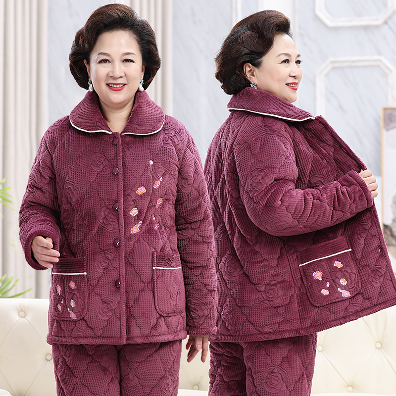 妈妈老人睡衣女三层加厚加绒珊瑚绒夹棉中老年保暖家居服大码套装