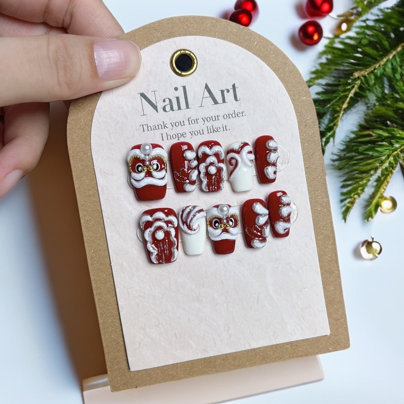 现货亿哥-【醒狮】- 设计师纯手绘新年舞狮手捏塑型纯手工穿戴美甲