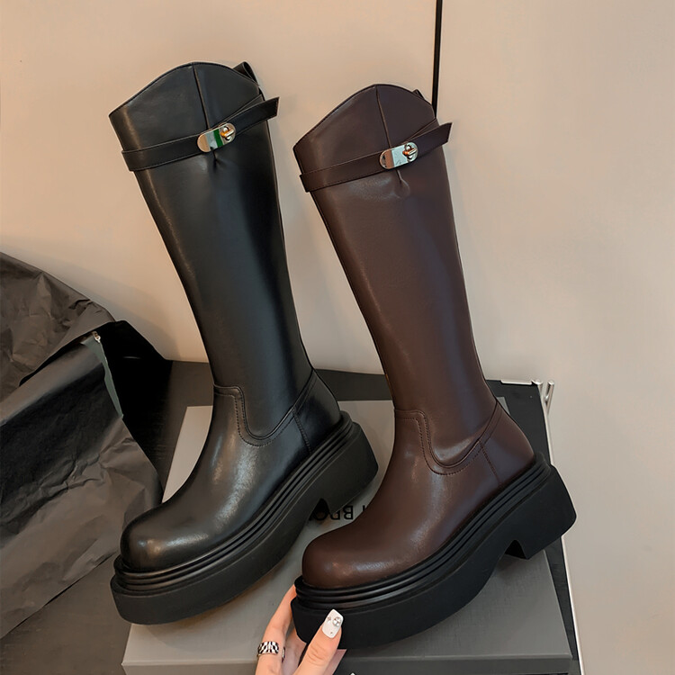 NianGaoXJ【牛皮】跟高8cm大小筒围时尚高筒靴厚底复古皮带扣骑士靴