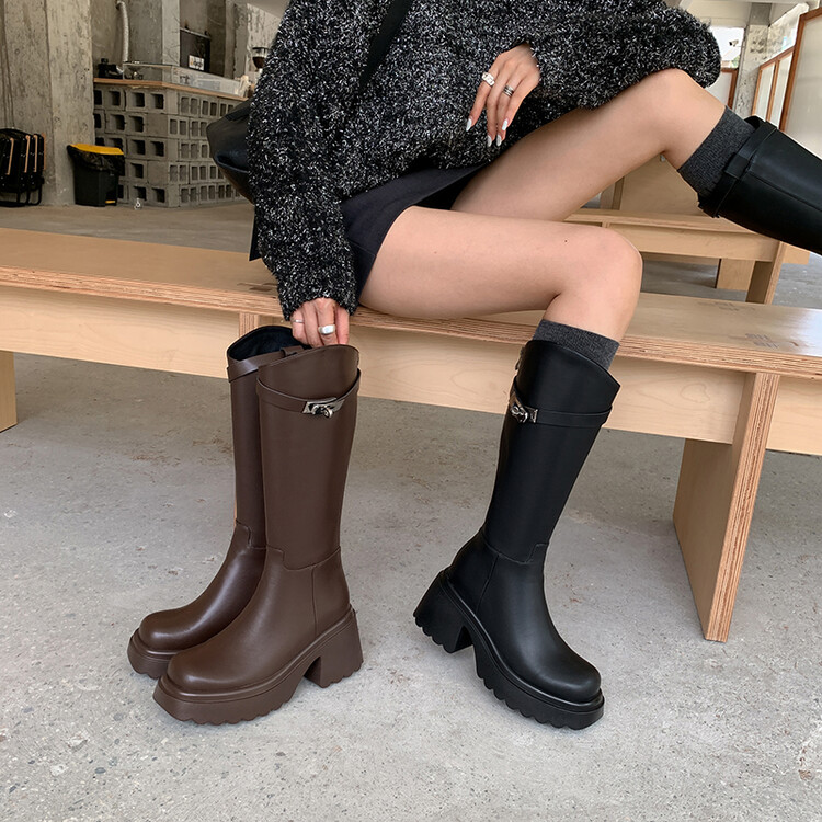 NianGaoXJ【牛皮】跟高8cm 大小筒围高筒靴~新款厚底酷帅英伦风长靴