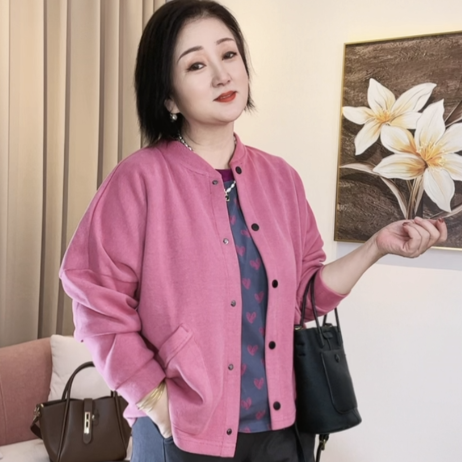 春秋纯色百搭新款咪呢宽松绒棒球服领时尚休闲衫上衣女士长袖外套