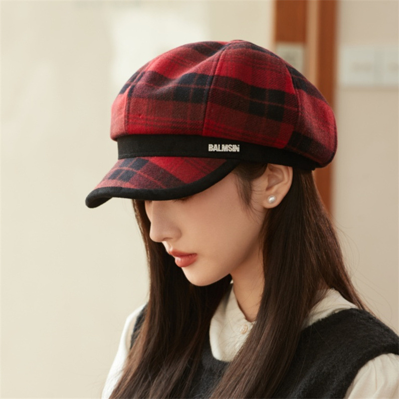 秋冬新款彩色格子八角帽女韩国文艺减龄贝雷帽英伦复古毛呢报童帽