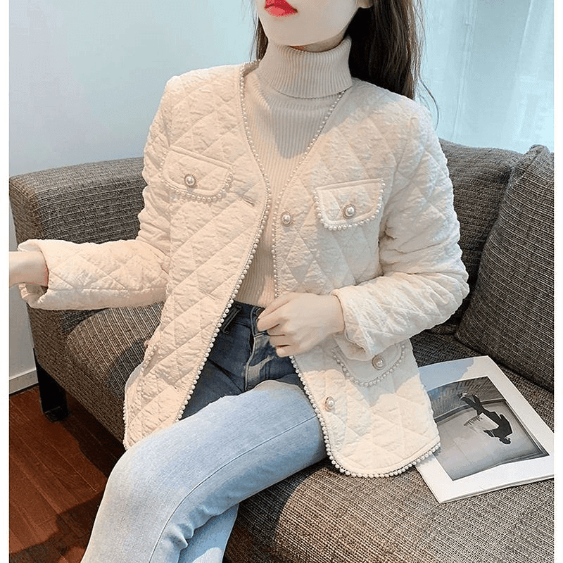 薄款棉衣外套女2025新款春秋女装轻薄菱格钉珠百搭外套棉衣时尚潮
