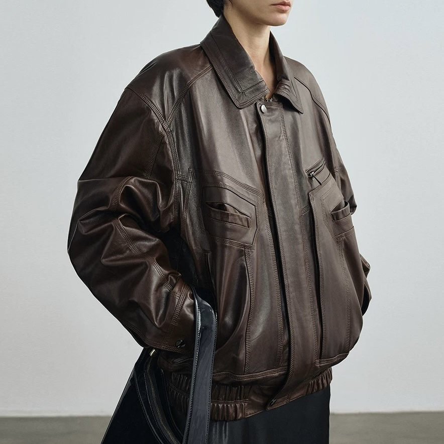 高端进口全植鞣皮油光皮西班牙绵羊皮夹克女短款复古拉链款