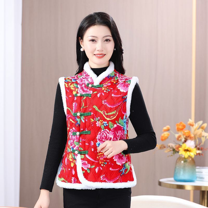 民族东北大花风花棉袄盘扣加厚女装中国坎肩唐装加绒过年保暖马甲