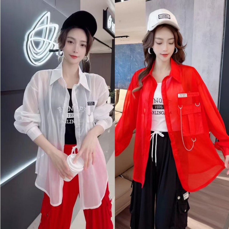 冰丝雪纺薄款工装衬衫广场舞网红曳步舞新款夏季百搭宽松防晒衬衣