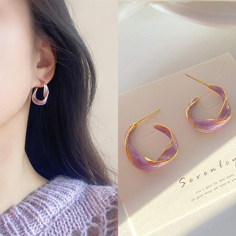 合金耳饰 耳夹无耳洞耳钉韩国高级感圆圈气质紫色耳环设计感小众