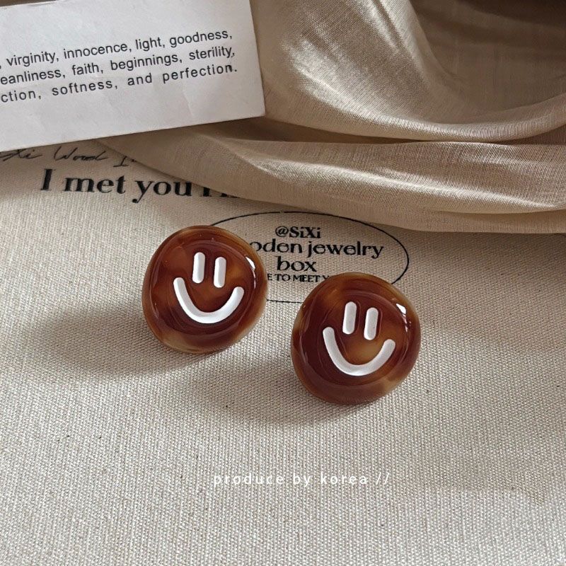 合金耳饰 「秋味来袭」韩版棕色笑脸耳钉醋酸个性设计高级微笑耳饰