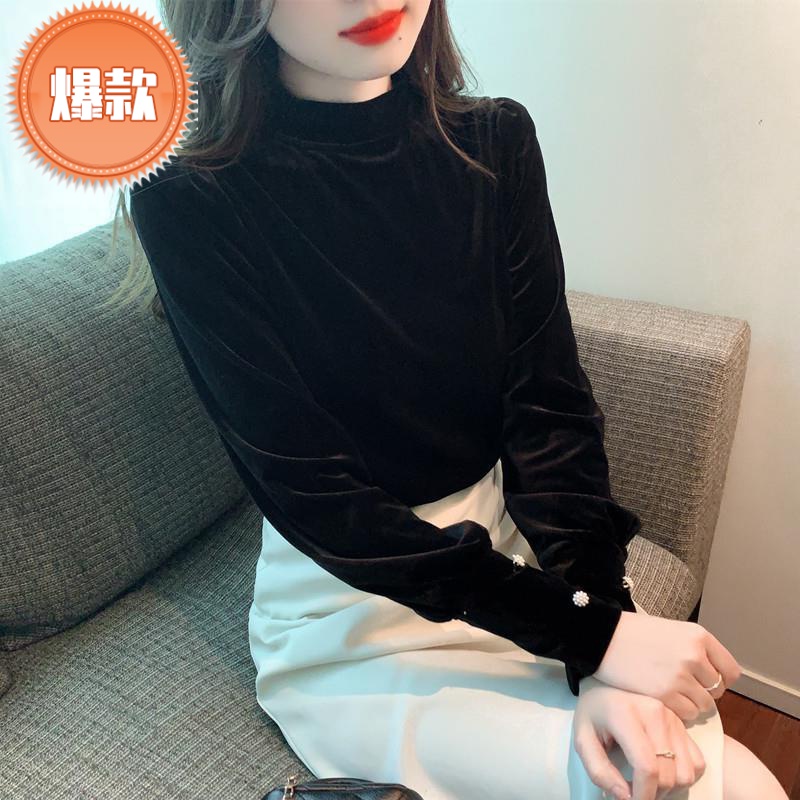 加绒加厚复古赫本风泡泡袖黑色丝绒打底衬衫女设计感内搭上衣秋冬