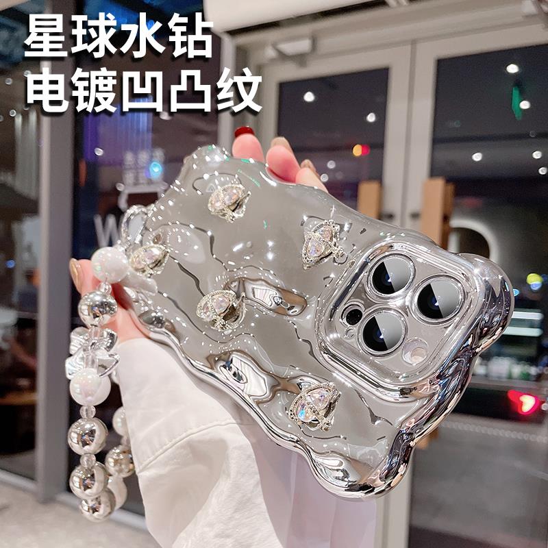 银色星球水钻苹果13romax手机壳iPhone14手腕带挂绳链ip12感女款1