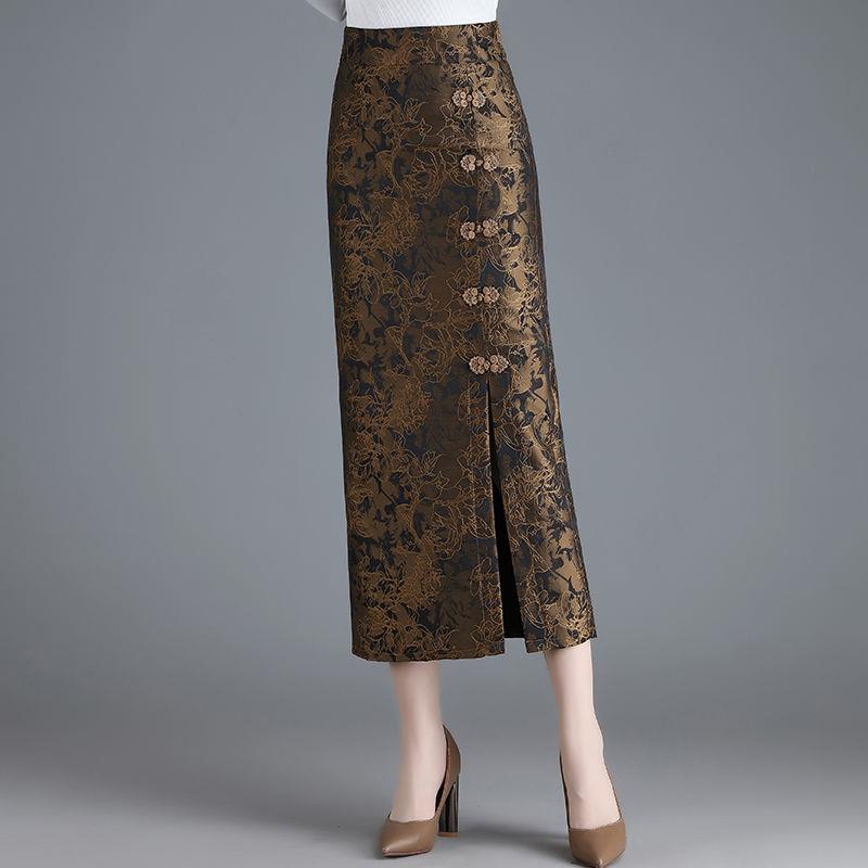 开叉包臀裙女春秋冬提花半身裙子新款直筒裙中长款显瘦高腰一步裙