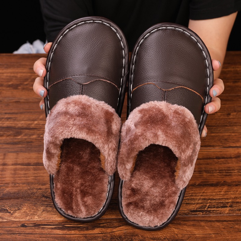海宁休闲冬季居家牛皮拖鞋加厚保暖