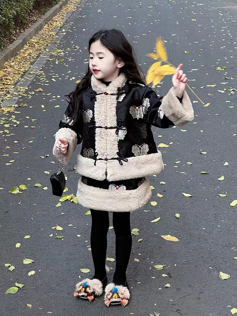 冬季国风女童织锦蝴蝶拜年服套装冬装夹棉唐装外套+半裙两件套