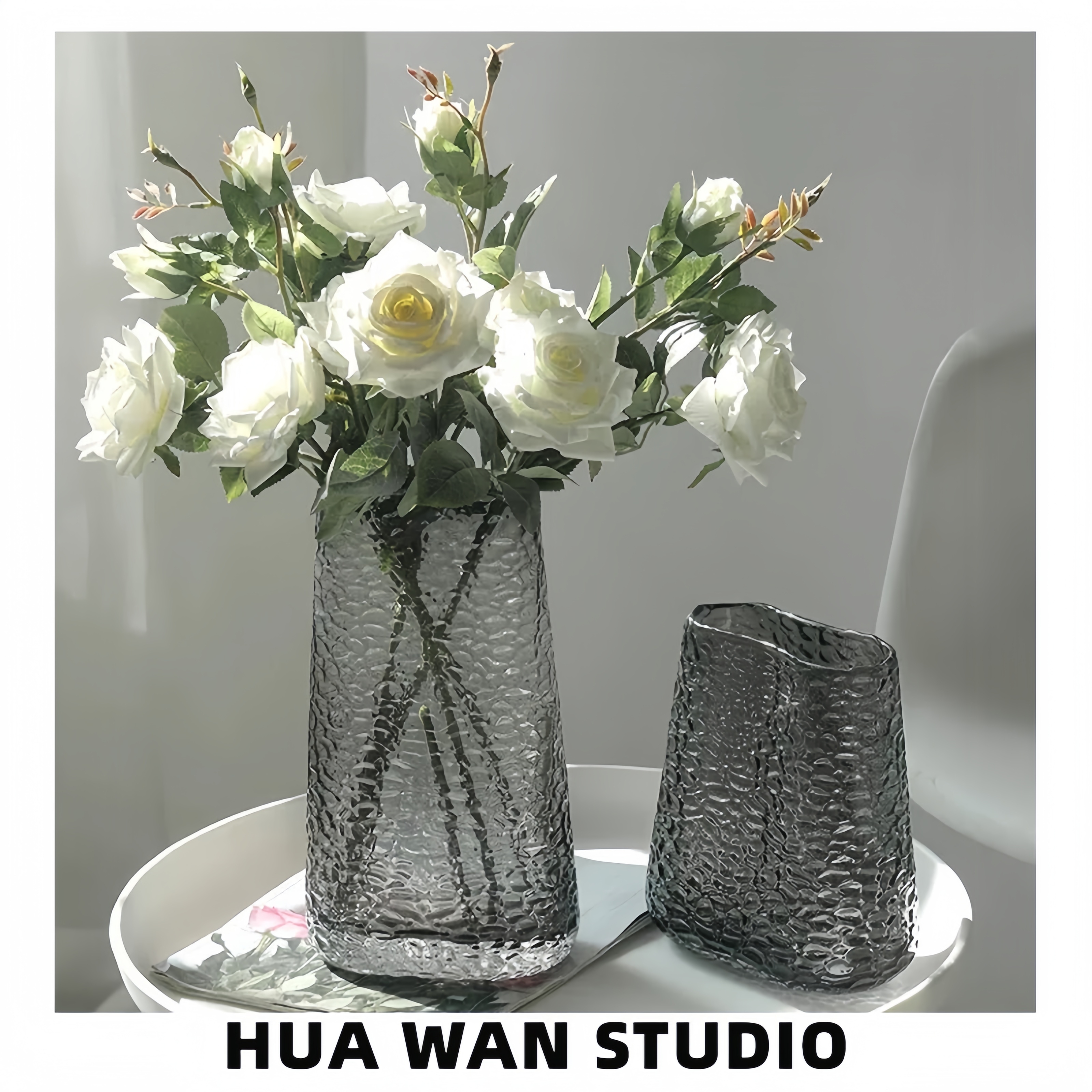 芳华 | 烟灰色原色料水晶玻璃花瓶现代简约竖条魔眼水培鲜花摆件