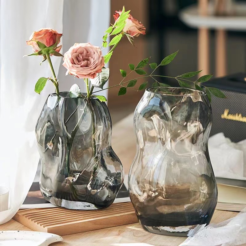 欢乐豆 | 不规则玻璃花瓶加厚原色料褶皱艺术水养鲜花插花器客厅