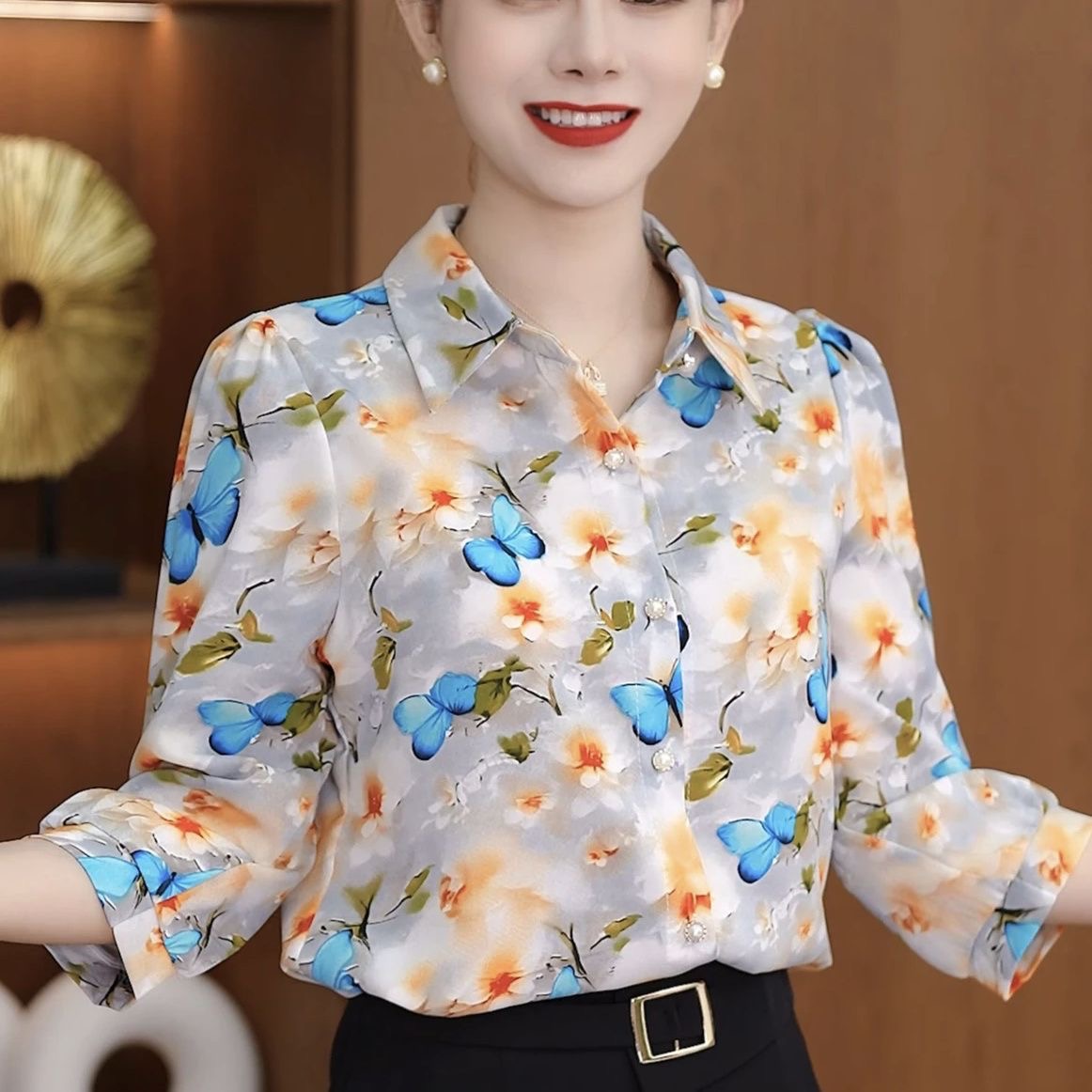 气质衬衫洋气上衣减龄新款百搭夏季时尚妈妈印花女士显瘦衬衣711
