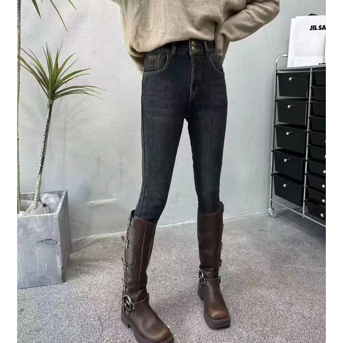 【阿婷家】经典百搭中高腰弹力显瘦复合绒小脚裤牛仔裤女0378