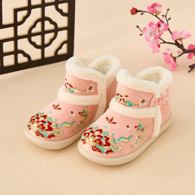 古月家女童汉服棉鞋冬季儿童古风加绒绣花鞋女孩红色喜庆过年棉靴