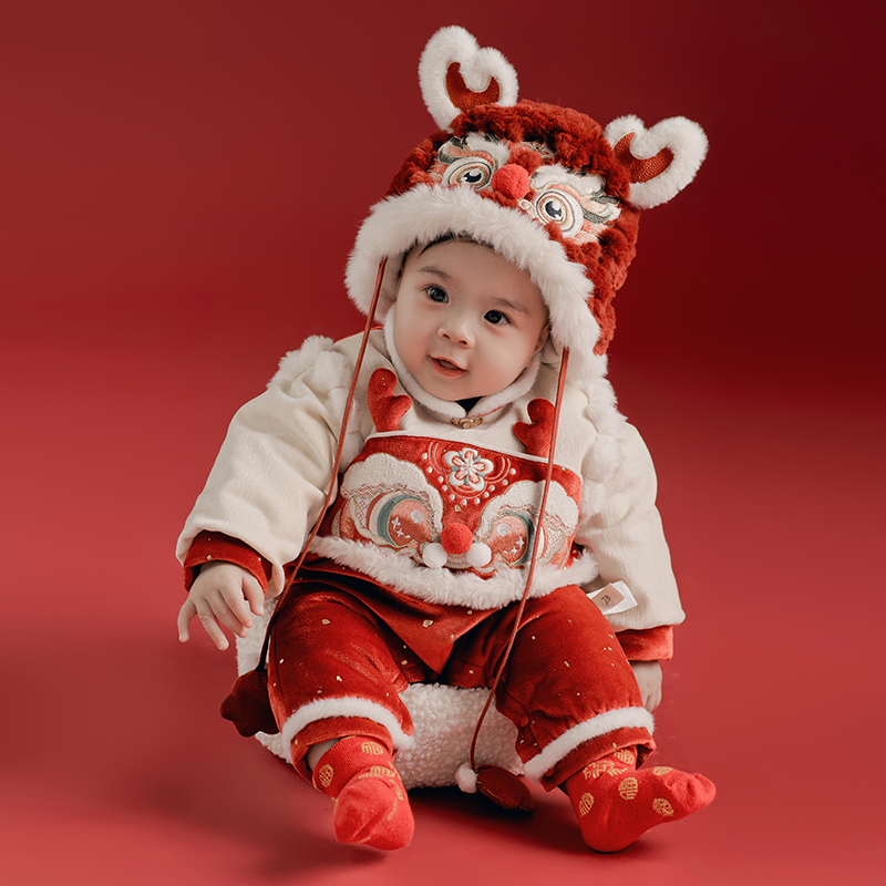 古月家婴儿拜年服冬男女宝宝连体衣满月百天周岁礼服红色喜庆爬服